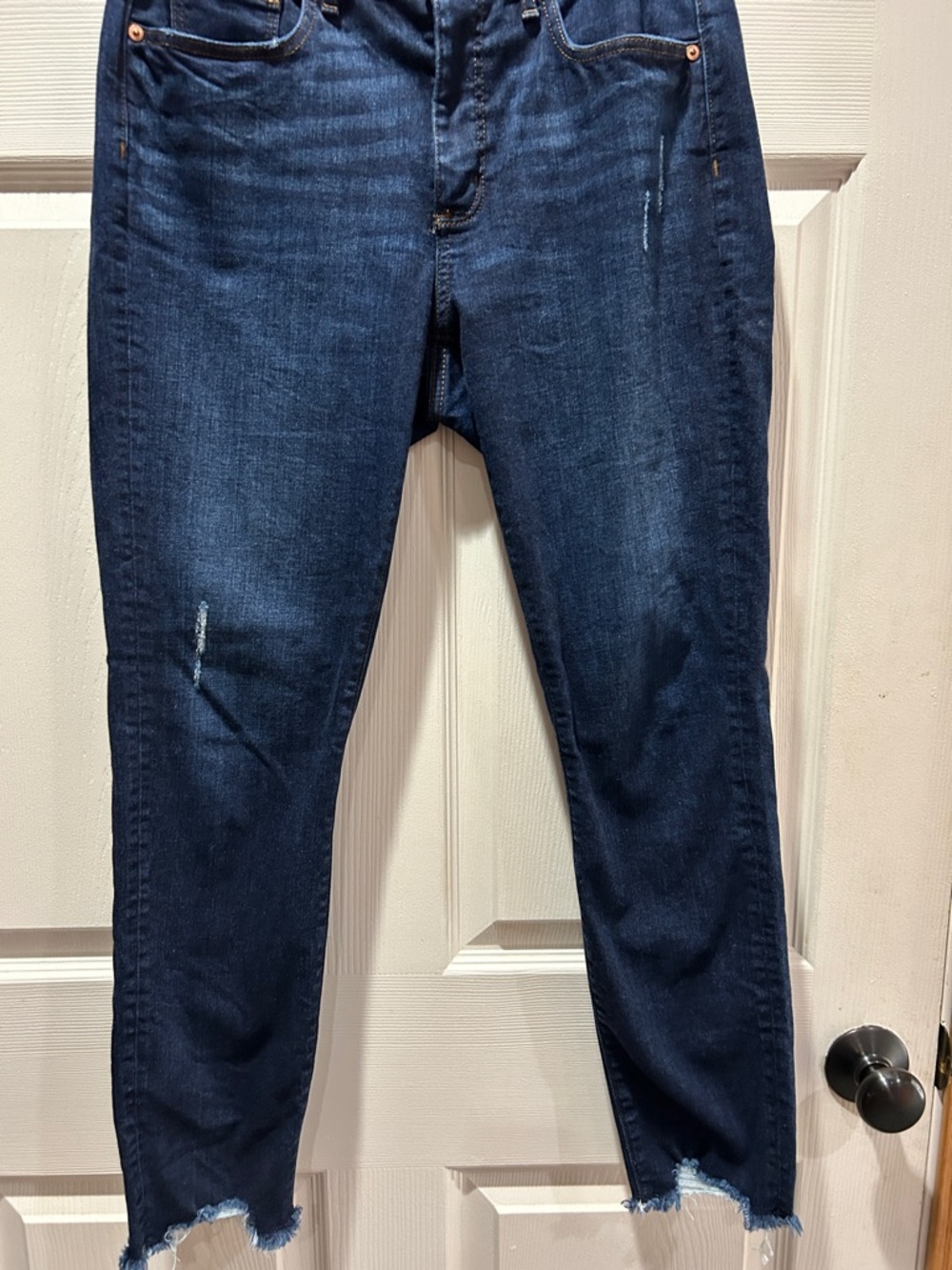 LOFT Curvy Dark Indigo Skinny Jeans with Frayed Hem - Picture 3 of 7